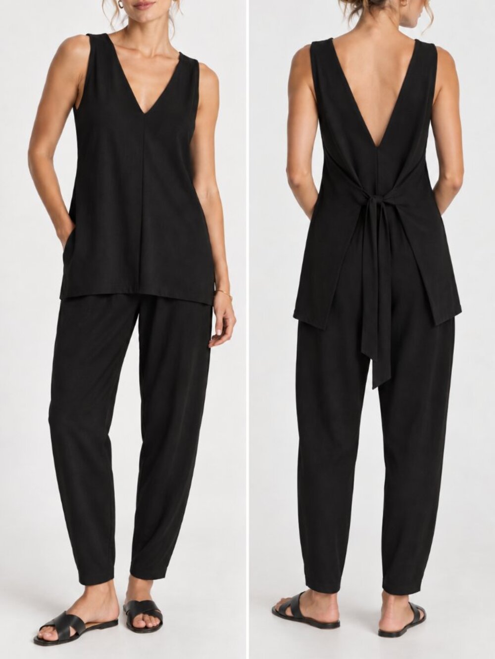 Zara Black V-Neck Tie Back Layered Jumpsuit 2-Piece Look Tapered Leg Size L